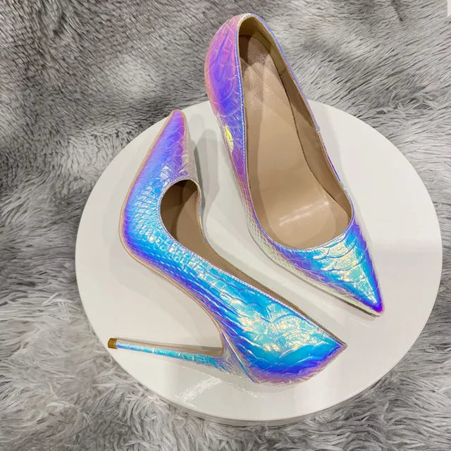 Shiny Silver Crocodile Effect Pointy Toe Stiletto Pumps