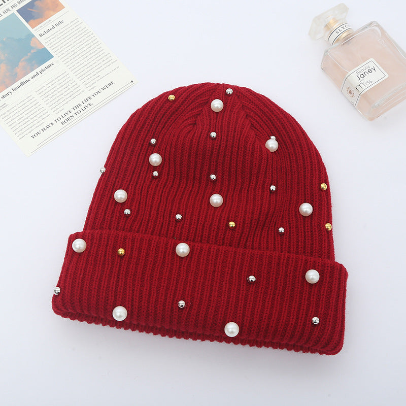 Cute Solid Colored Beaded Knitted Hat