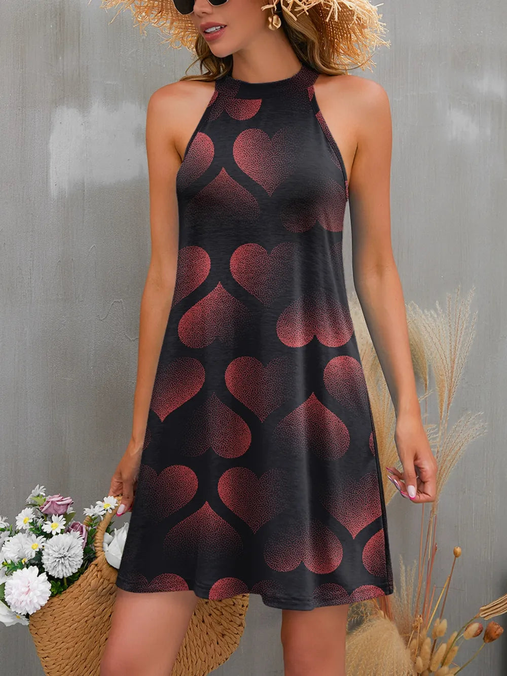 Heart Printed Grecian Neck Mini Dress