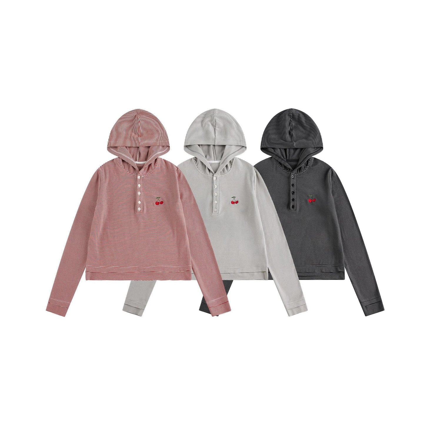 Vintage Striped Cherry Embroidered Hooded Sweatshirt