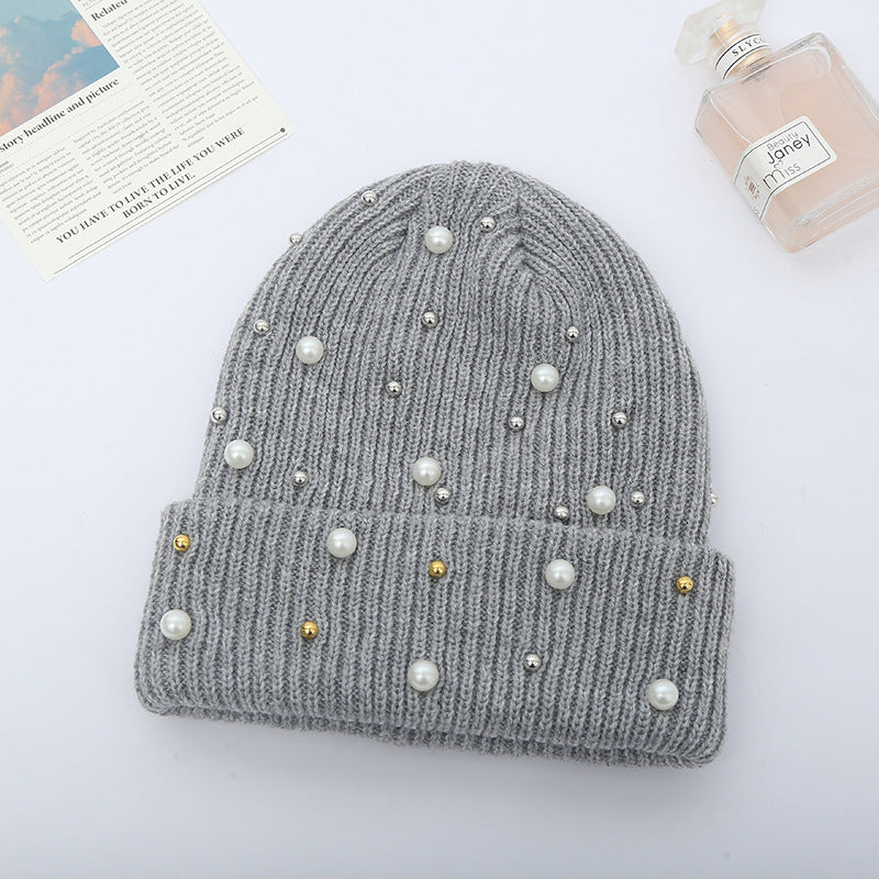 Cute Solid Colored Beaded Knitted Hat