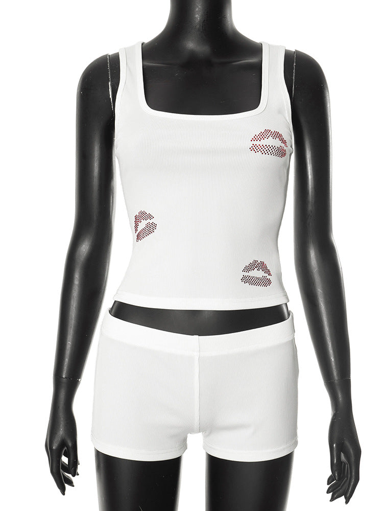 Women's Sleeveless U-Neck Rhinestone Red Lips Strapless Top and Shorts Set