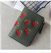 Short Fashion Leather Cherry Embroidery Coin Purse
