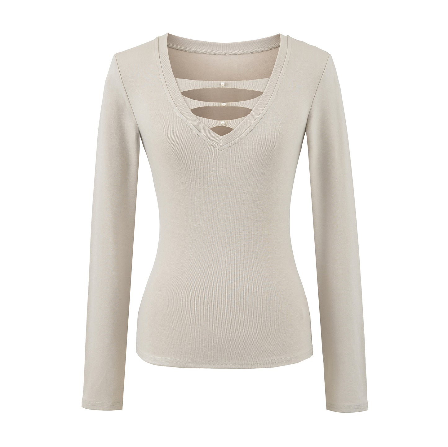 Deep Hollow V-Neck Long Sleeved T-Shirt