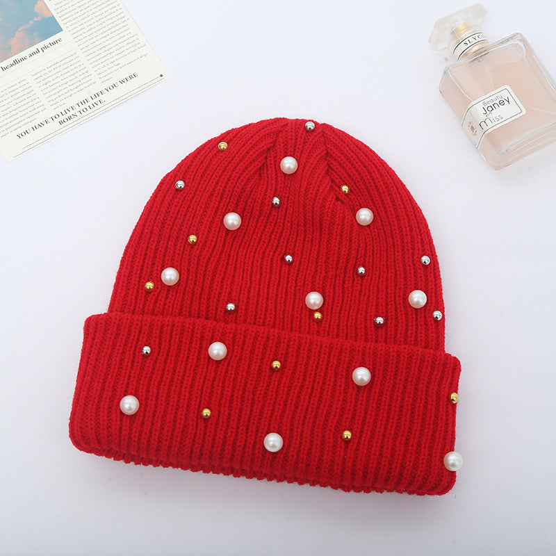 Cute Solid Colored Beaded Knitted Hat