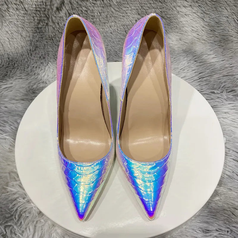 Shiny Silver Crocodile Effect Pointy Toe Stiletto Pumps