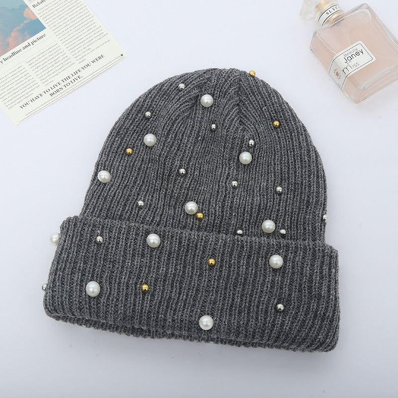 Cute Solid Colored Beaded Knitted Hat