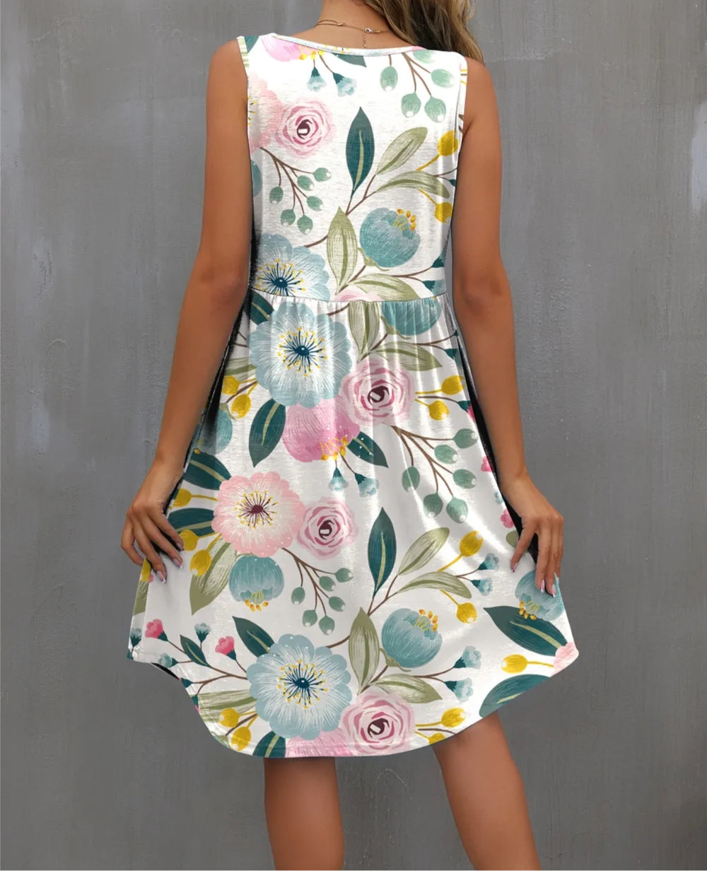 Floral Round Neck Wide Strapped Mini Dress