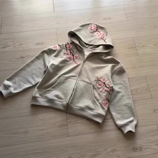 Retro Cherry Blossom Embroidered Hoodie & Zip-Up