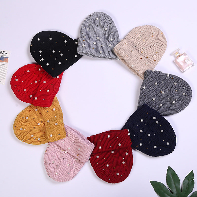 Cute Solid Colored Beaded Knitted Hat