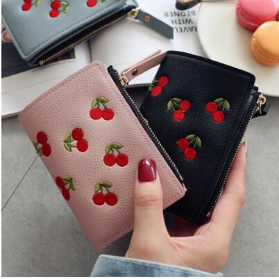 Short Fashion Leather Cherry Embroidery Coin Purse