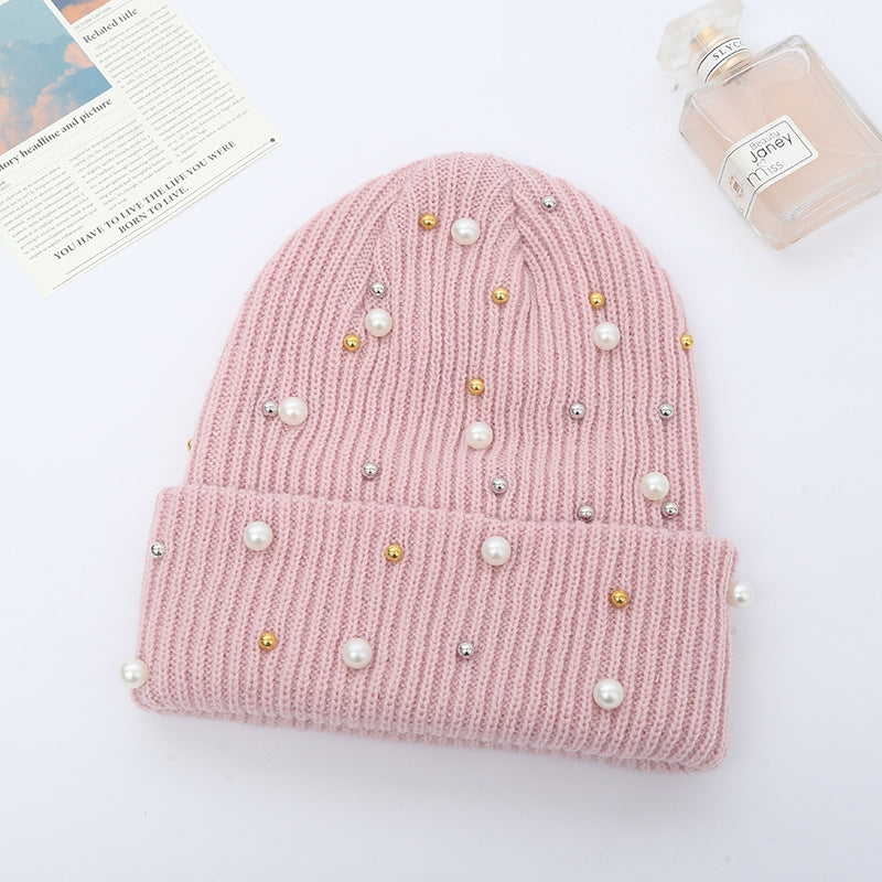 Cute Solid Colored Beaded Knitted Hat