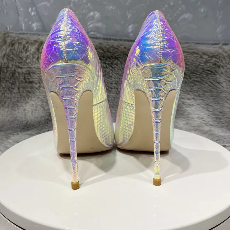 Shiny Silver Crocodile Effect Pointy Toe Stiletto Pumps