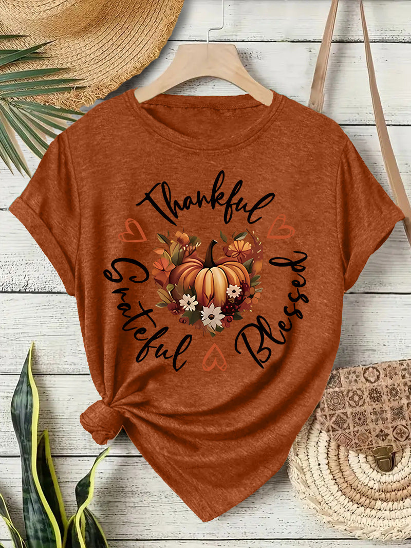 Pumpkin Print Round Neck T-Shirt