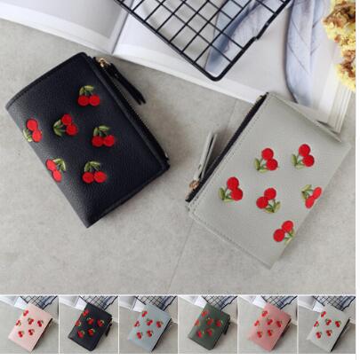 Short Fashion Leather Cherry Embroidery Coin Purse