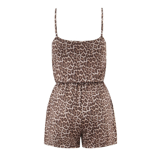 French Vintage Leopard Print Waist-Cinching Jumpsuit