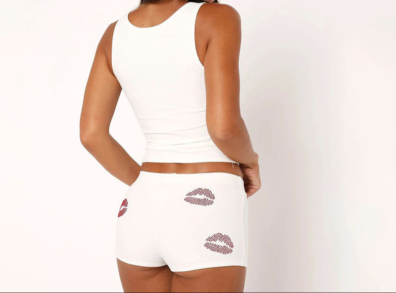Women's Sleeveless U-Neck Rhinestone Red Lips Strapless Top and Shorts Set