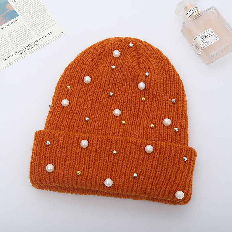 Cute Solid Colored Beaded Knitted Hat