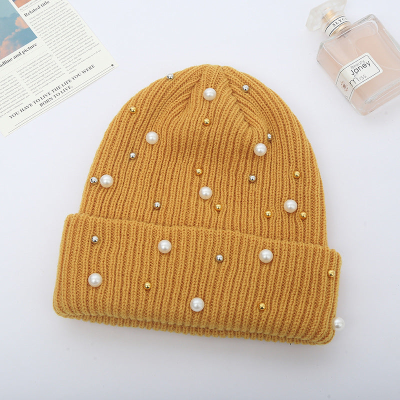 Cute Solid Colored Beaded Knitted Hat