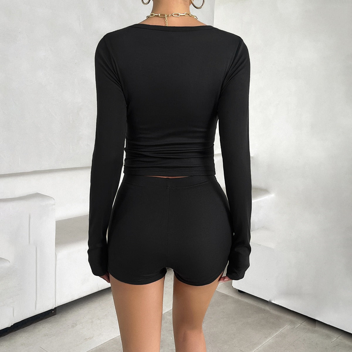Women's Spring and Summer Solid Colored Slim Fit Long Sleeved Top and Shorts Set