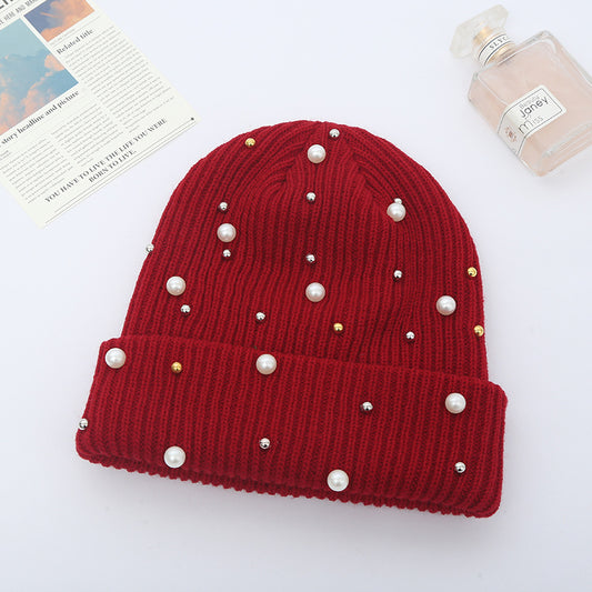 Cute Solid Colored Beaded Knitted Hat