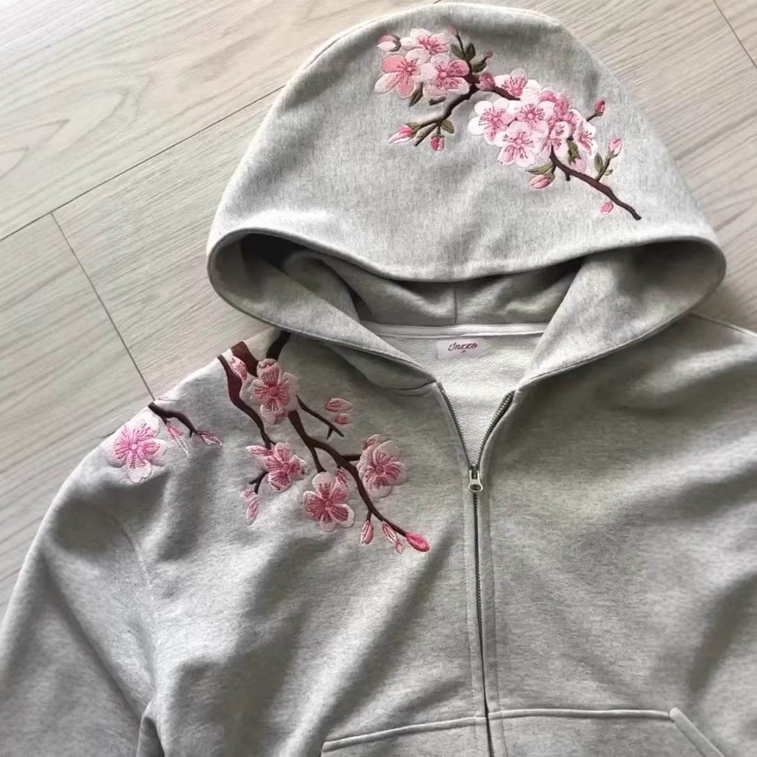 Retro Cherry Blossom Embroidered Hoodie & Zip-Up