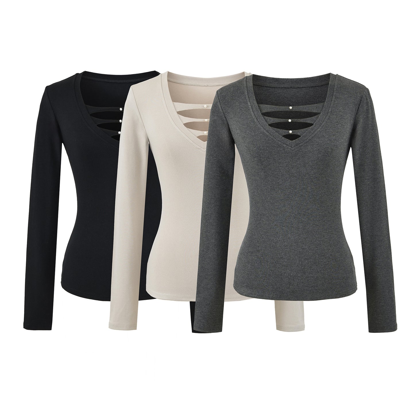 Deep Hollow V-Neck Long Sleeved T-Shirt