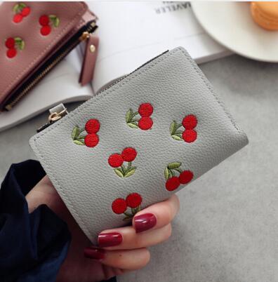 Short Fashion Leather Cherry Embroidery Coin Purse