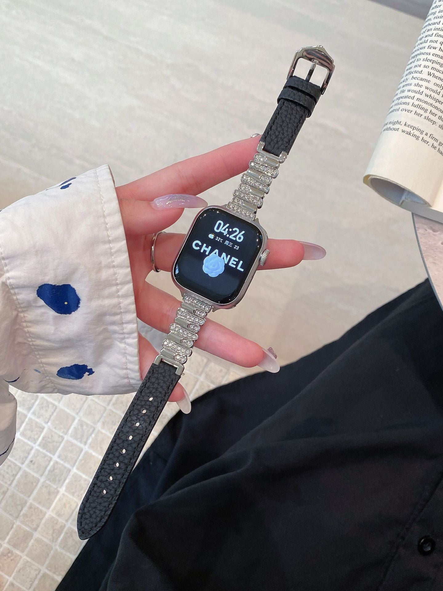 Irregular Rhinestone Embellished Leather Strap for Watch Band