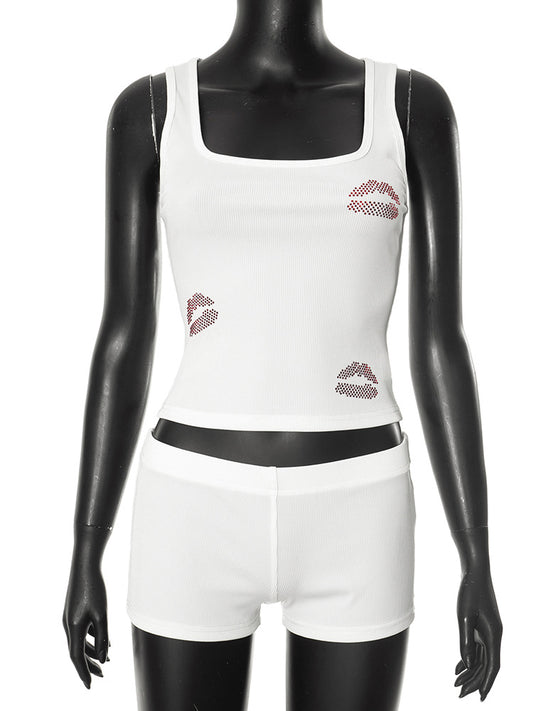Women's Sleeveless U-Neck Rhinestone Red Lips Strapless Top and Shorts Set