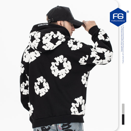 Foaming Printed Letter Embroidered Casual Hoodie