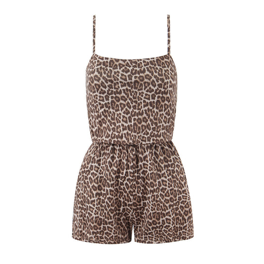 French Vintage Leopard Print Waist-Cinching Jumpsuit