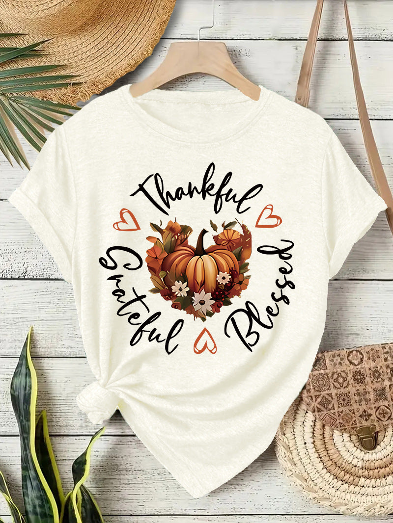 Pumpkin Print Round Neck T-Shirt