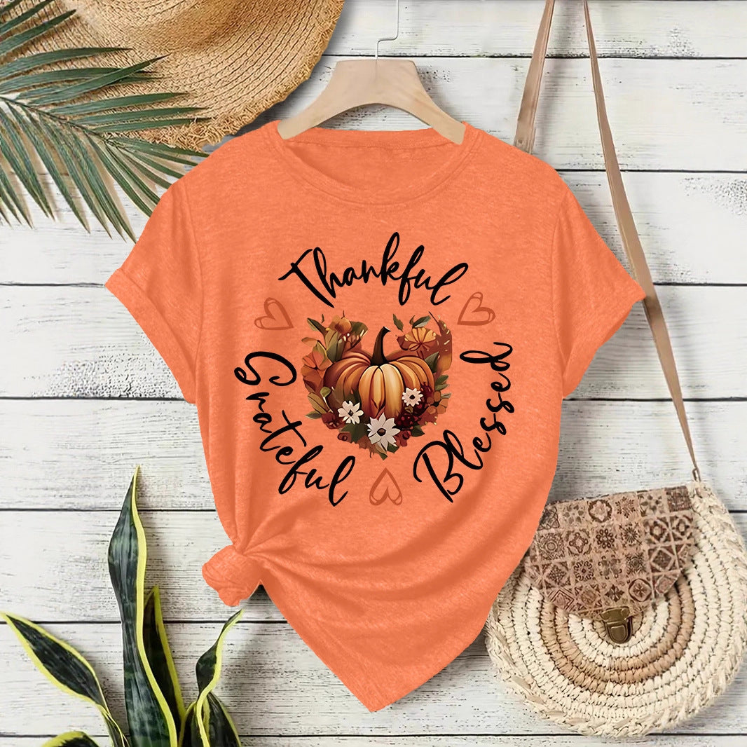 Pumpkin Print Round Neck T-Shirt
