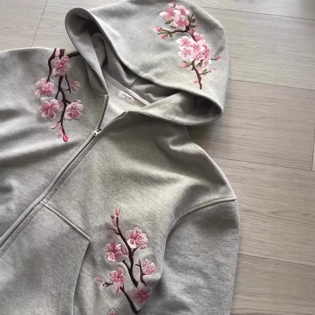 Retro Cherry Blossom Embroidered Hoodie & Zip-Up