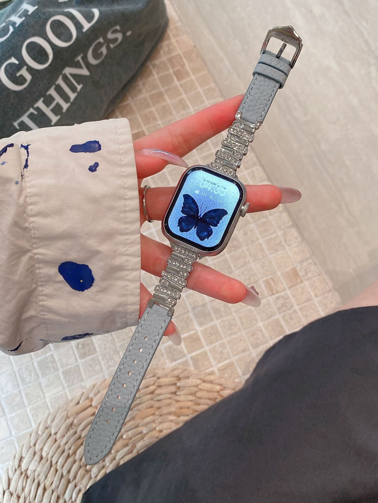 Irregular Rhinestone Embellished Leather Strap for Watch Band