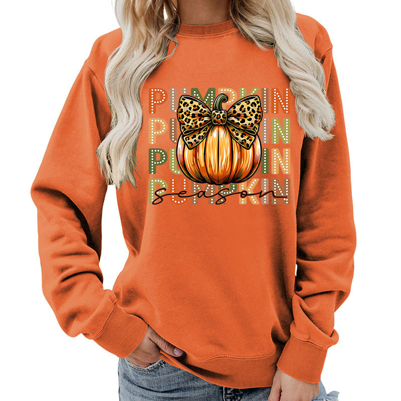 Leopard Print Bow Pumpkin Round Neck Top