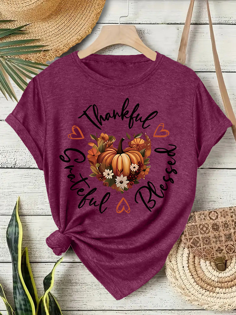 Pumpkin Print Round Neck T-Shirt
