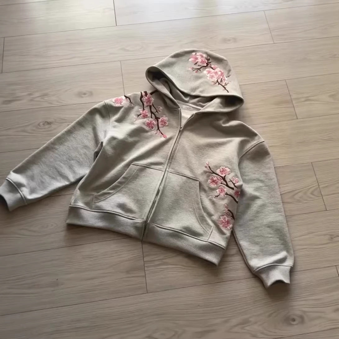 Retro Cherry Blossom Embroidered Hoodie & Zip-Up