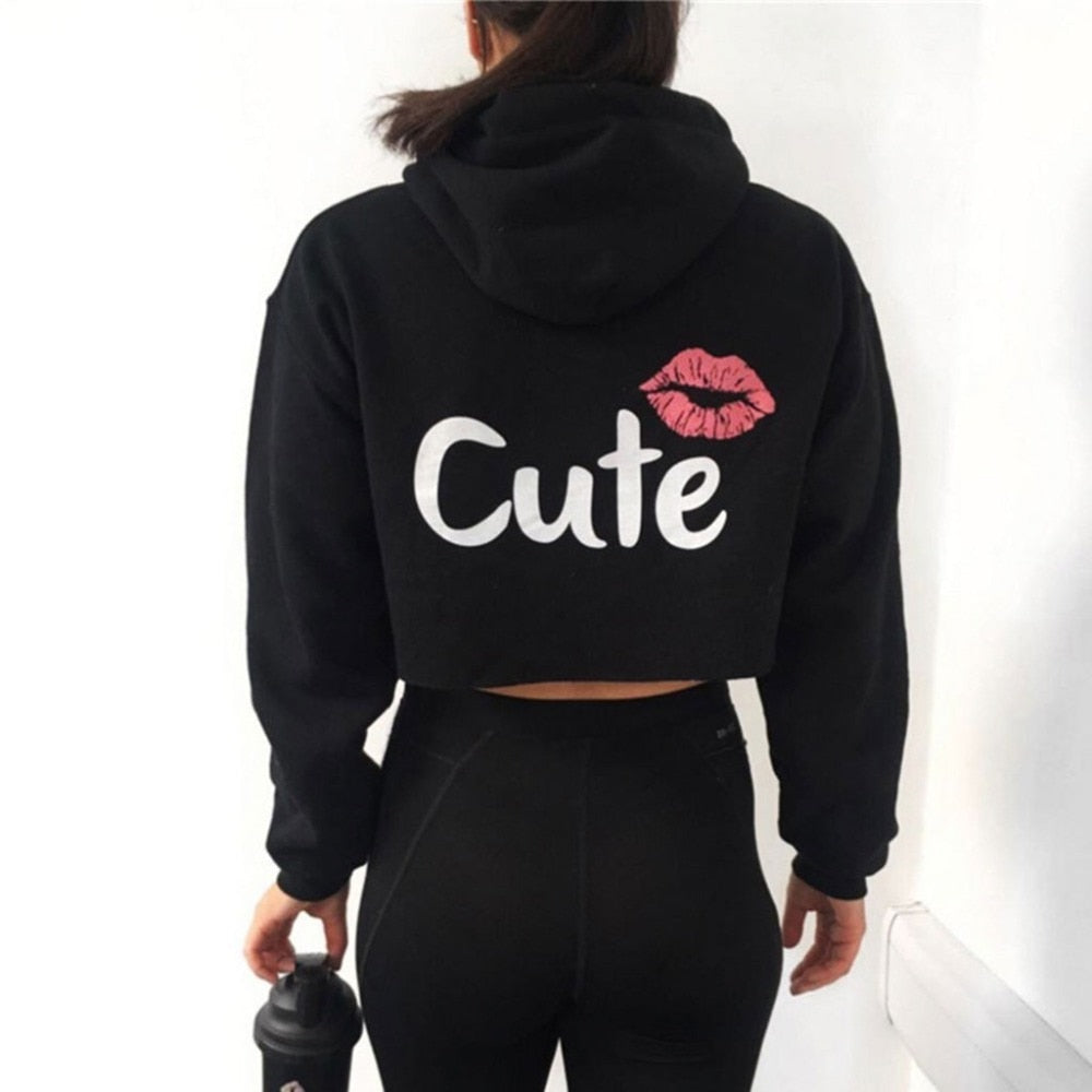 Lips Printed Crop Top Hoodie