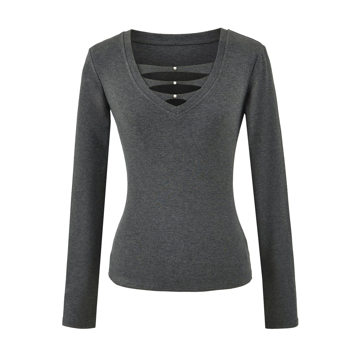 Deep Hollow V-Neck Long Sleeved T-Shirt