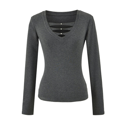 Deep Hollow V-Neck Long Sleeved T-Shirt