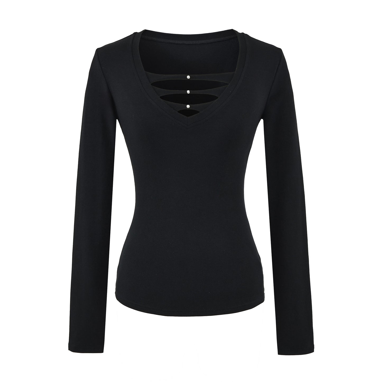 Deep Hollow V-Neck Long Sleeved T-Shirt