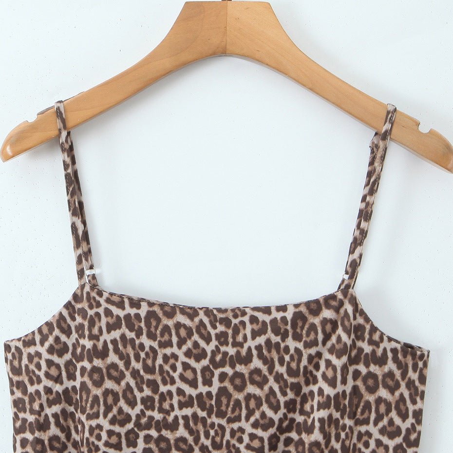 French Vintage Leopard Print Waist-Cinching Jumpsuit