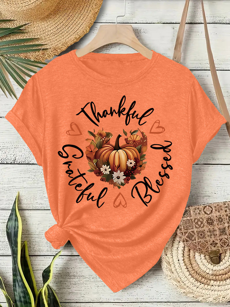 Pumpkin Print Round Neck T-Shirt