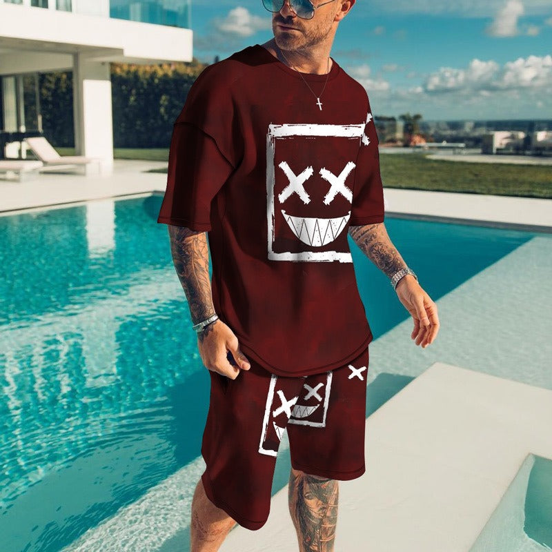 Men's Patterned Round Neck T-Shirt & Short Set
