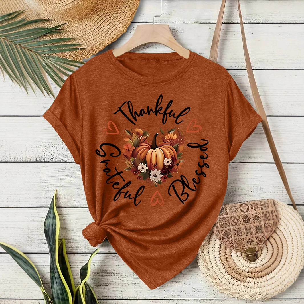 Pumpkin Print Round Neck T-Shirt