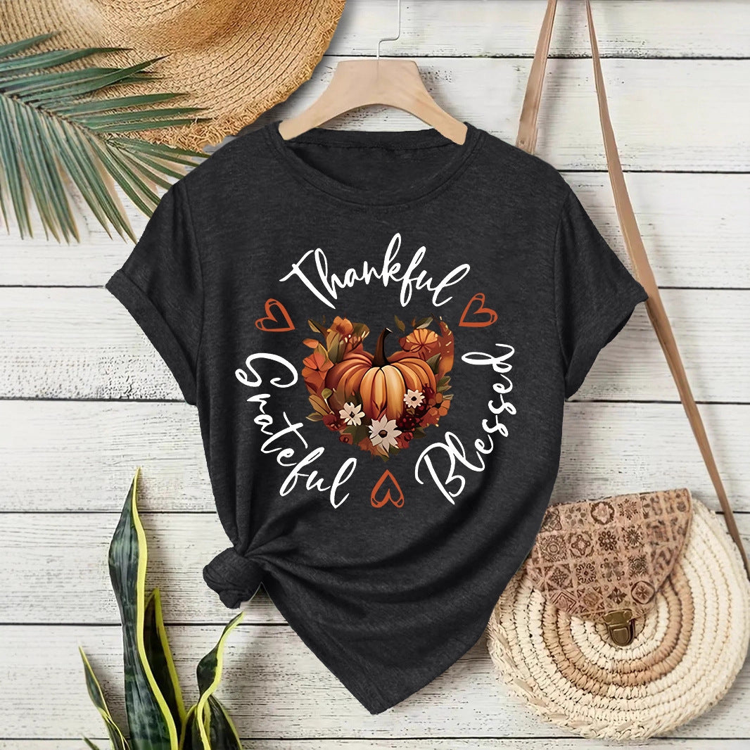 Pumpkin Print Round Neck T-Shirt