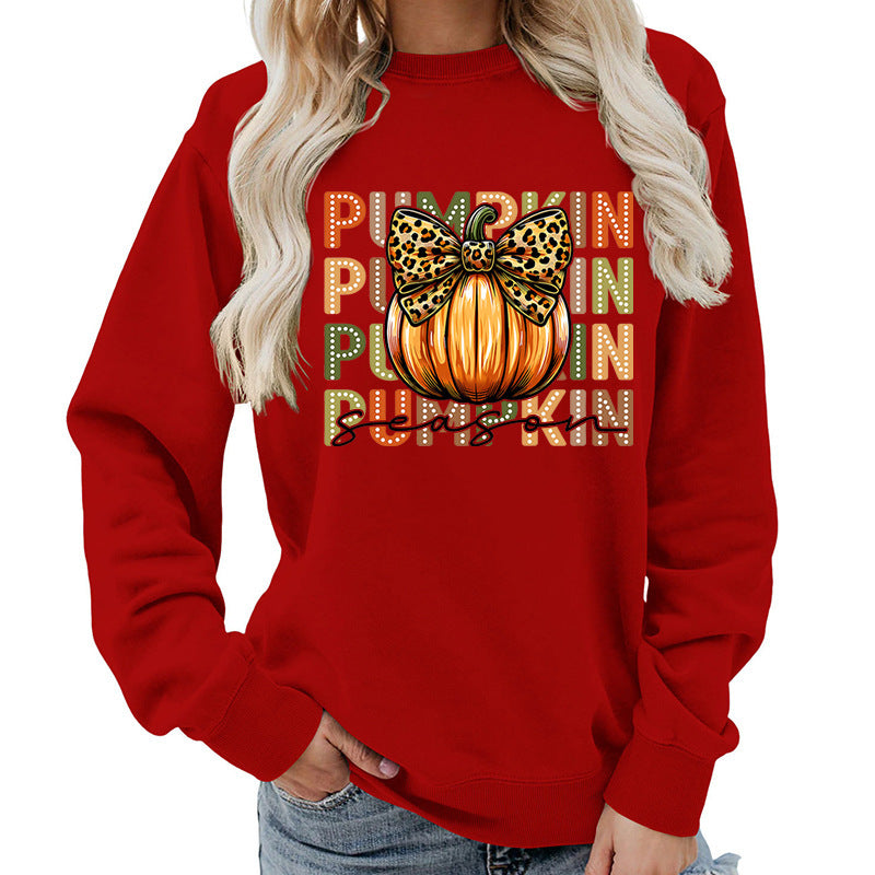 Leopard Print Bow Pumpkin Round Neck Top
