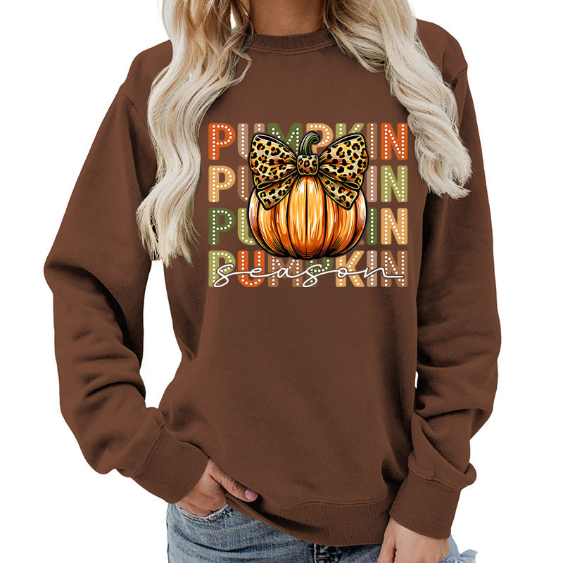 Leopard Print Bow Pumpkin Round Neck Top